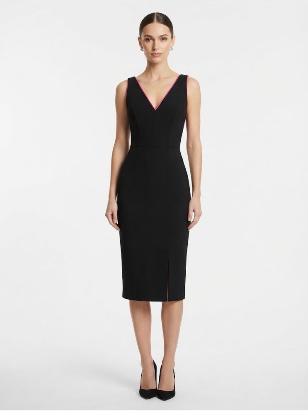 NWT Dress The Population Black & Hot Pink Trim V-Neck Sheath Midi Dress